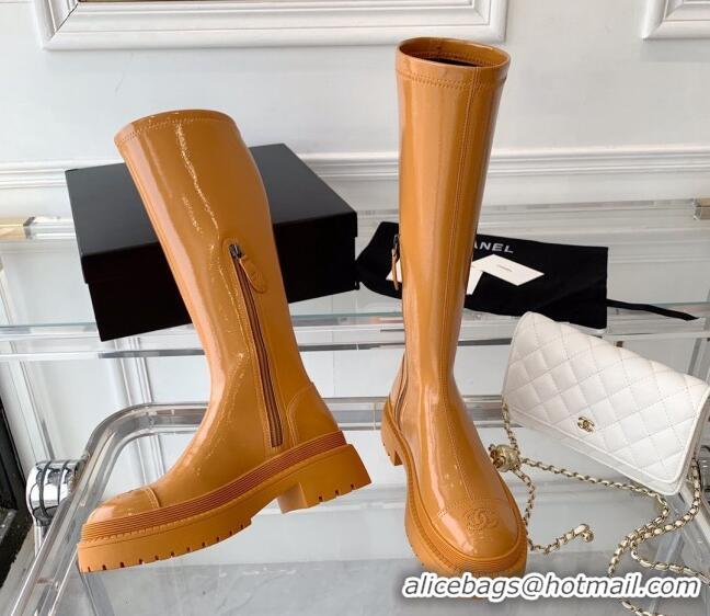 Luxury Chanel Patent Leather High Boots Brown 092136