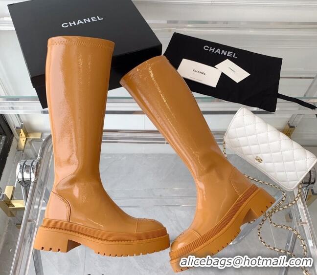 Luxury Chanel Patent Leather High Boots Brown 092136