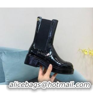 Famous Chanel Patent Leather Ankle Boots with Metal CC Black 101222