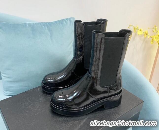 Famous Chanel Patent Leather Ankle Boots with Metal CC Black 101222