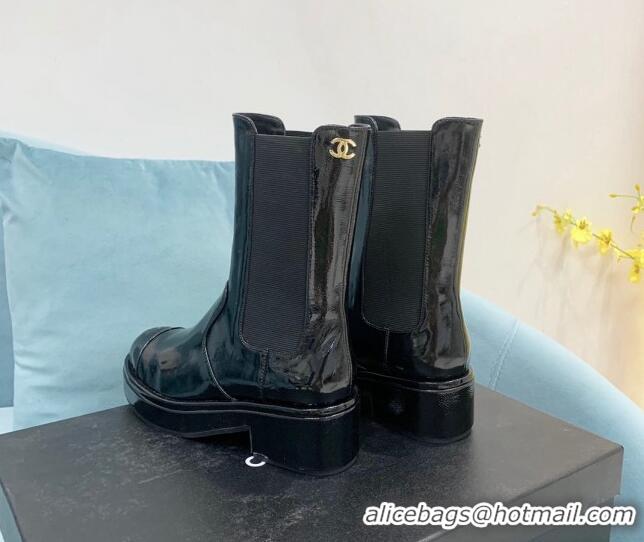 Famous Chanel Patent Leather Ankle Boots with Metal CC Black 101222