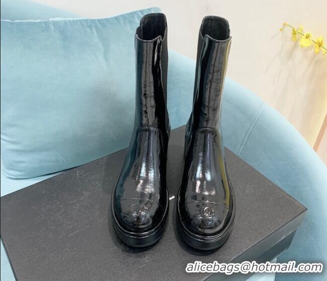 Famous Chanel Patent Leather Ankle Boots with Metal CC Black 101222