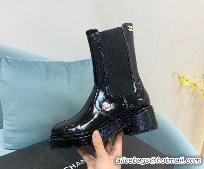 Famous Chanel Patent Leather Ankle Boots with Metal CC Black 101222