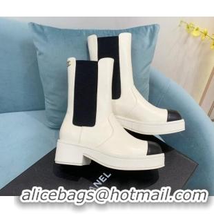 Good Product Chanel Calfskin Ankle Boots with Metal CC White 101223