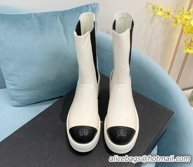 Good Product Chanel Calfskin Ankle Boots with Metal CC White 101223