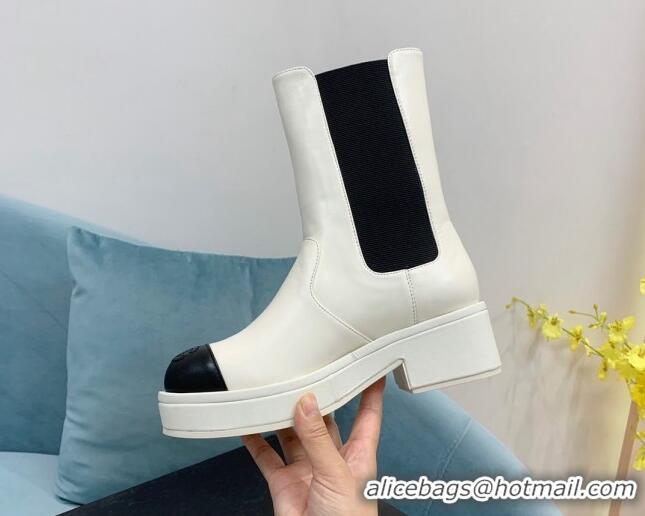 Good Product Chanel Calfskin Ankle Boots with Metal CC White 101223