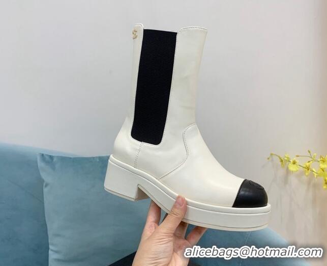 Good Product Chanel Calfskin Ankle Boots with Metal CC White 101223