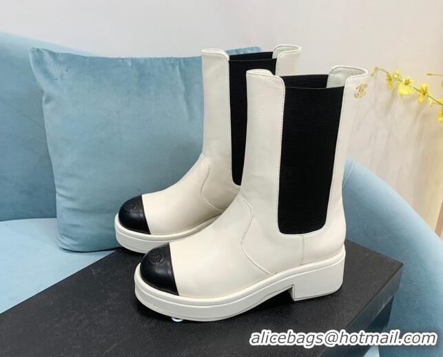 Good Product Chanel Calfskin Ankle Boots with Metal CC White 101223