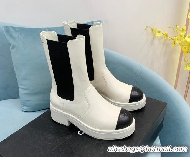 Good Product Chanel Calfskin Ankle Boots with Metal CC White 101223