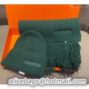 Best Discount Hermes Knit Cashmere Scarf and Hat 40x220cm Set H12270 Green 2022