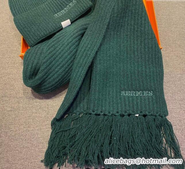 Best Discount Hermes Knit Cashmere Scarf and Hat 40x220cm Set H12270 Green 2022