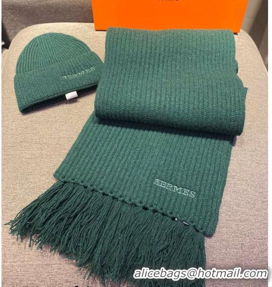 Best Discount Hermes Knit Cashmere Scarf and Hat 40x220cm Set H12270 Green 2022