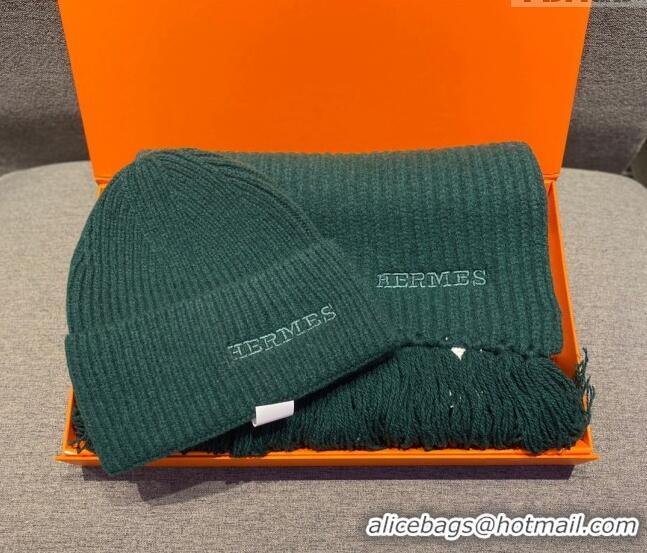 Best Discount Hermes Knit Cashmere Scarf and Hat 40x220cm Set H12270 Green 2022