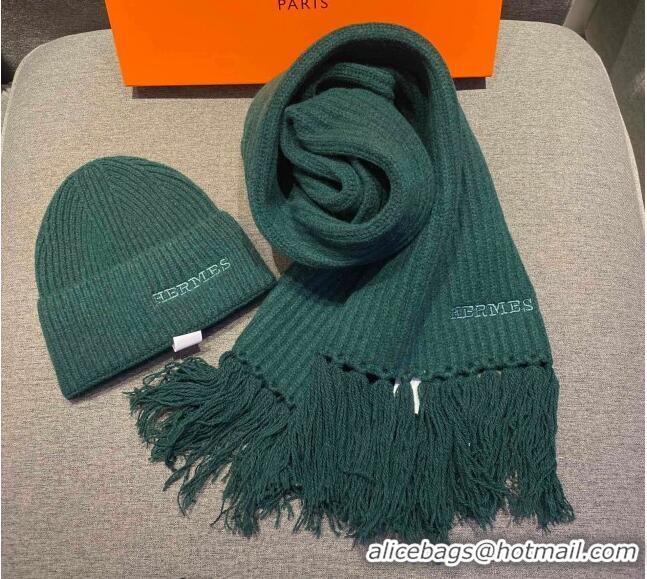 Best Discount Hermes Knit Cashmere Scarf and Hat 40x220cm Set H12270 Green 2022