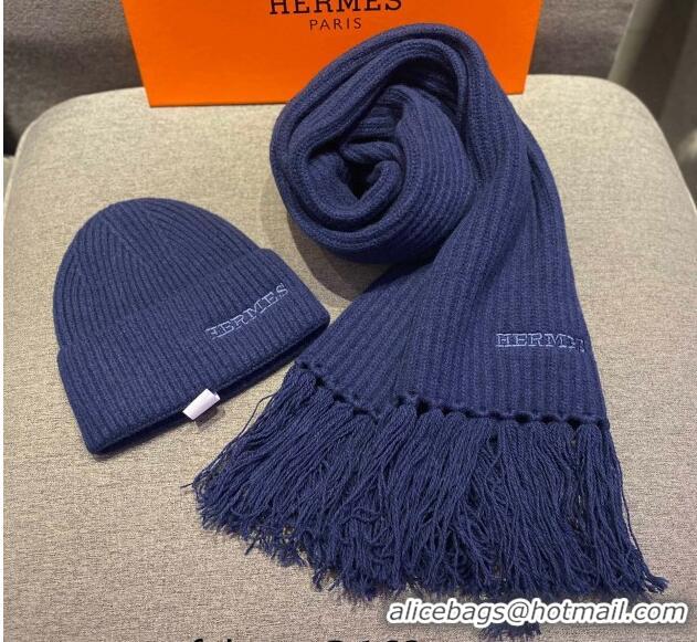 New Style Hermes Knit Cashmere Scarf and Hat 40x220cm Set H12270 Dark Blue 2022