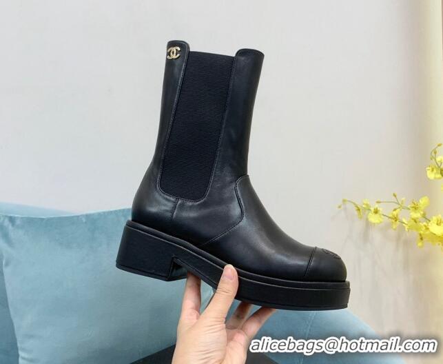 Charming Chanel Calfskin Ankle Boots with Metal CC Black 101224