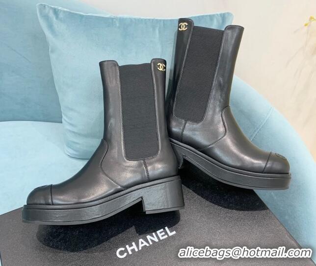 Charming Chanel Calfskin Ankle Boots with Metal CC Black 101224