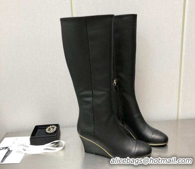 Comfortable Chanel Stretch Lambskin Wedge High Boots G39430 6cm Black