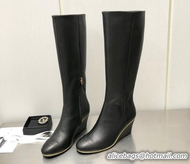 Comfortable Chanel Stretch Lambskin Wedge High Boots G39430 6cm Black