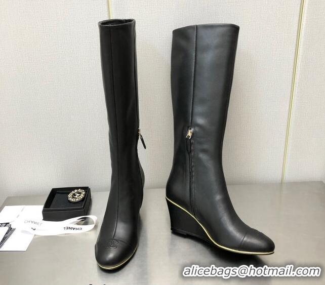 Comfortable Chanel Stretch Lambskin Wedge High Boots G39430 6cm Black