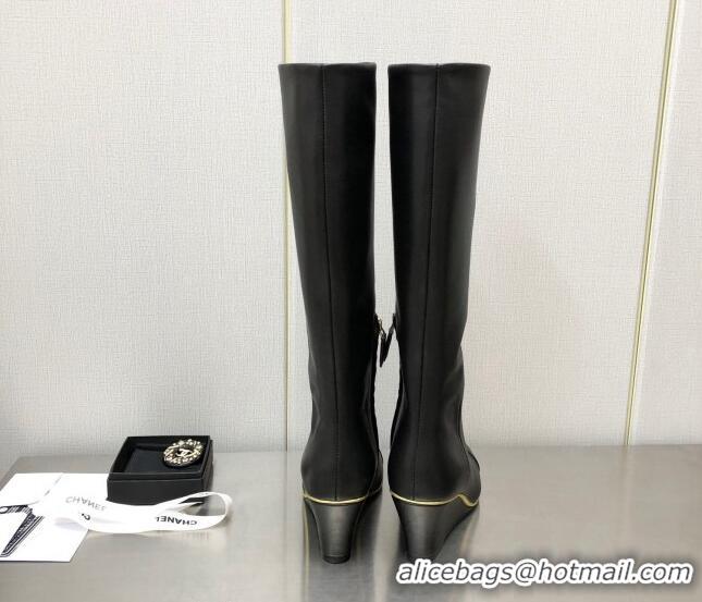 Comfortable Chanel Stretch Lambskin Wedge High Boots G39430 6cm Black