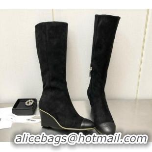 Luxury Chanel Stretch Velvet Wedge High Boots G39430 6cm Black