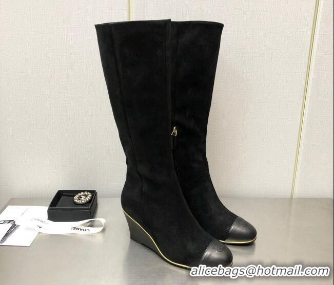 Luxury Chanel Stretch Velvet Wedge High Boots G39430 6cm Black