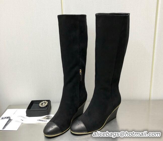 Luxury Chanel Stretch Velvet Wedge High Boots G39430 6cm Black