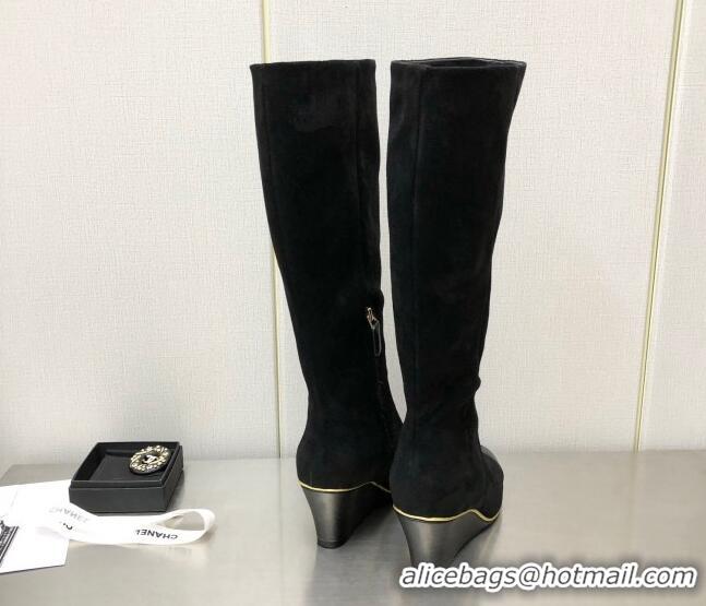 Luxury Chanel Stretch Velvet Wedge High Boots G39430 6cm Black