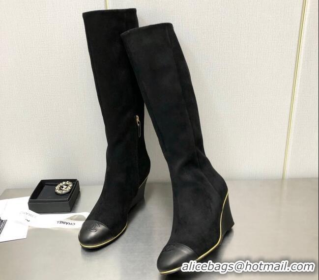 Luxury Chanel Stretch Velvet Wedge High Boots G39430 6cm Black