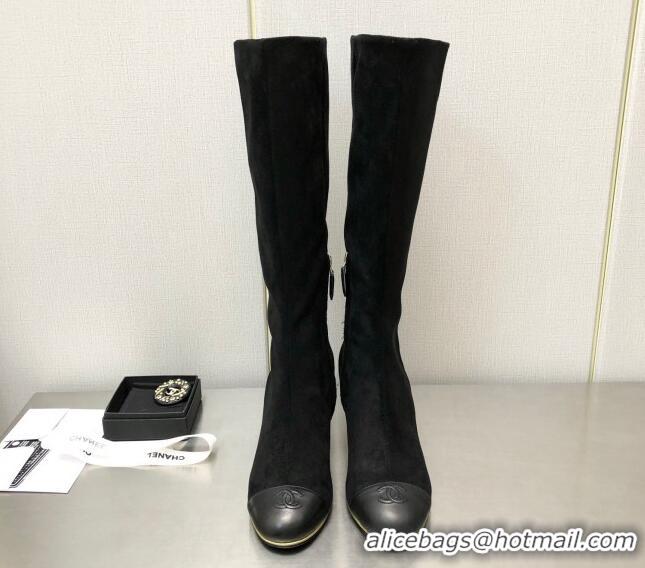 Luxury Chanel Stretch Velvet Wedge High Boots G39430 6cm Black