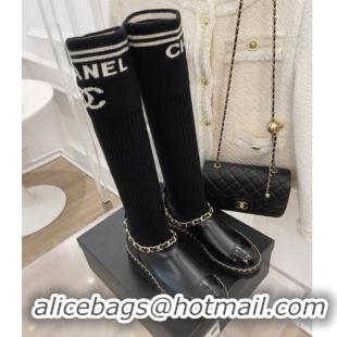 Duplicate Chanel Knit and Leather High Boots with Chain Black 101245