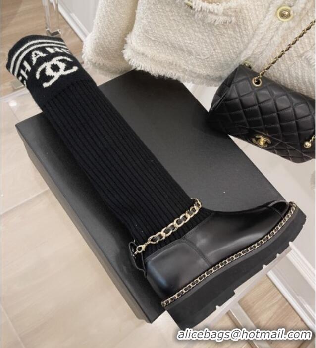 Duplicate Chanel Knit and Leather High Boots with Chain Black 101245