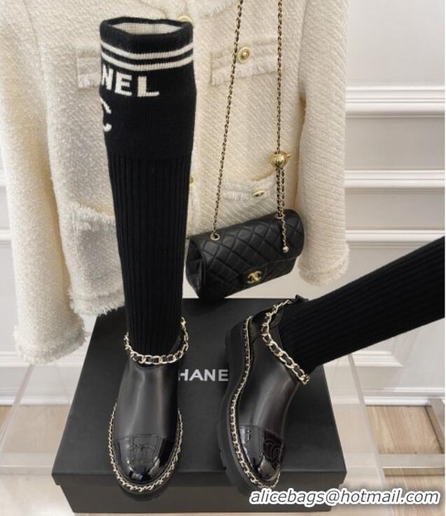 Duplicate Chanel Knit and Leather High Boots with Chain Black 101245