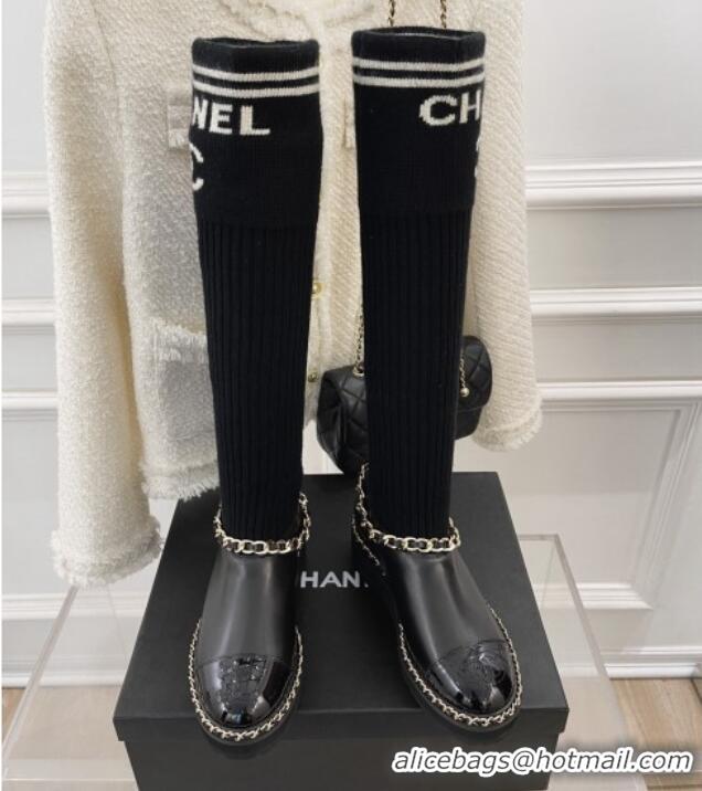 Duplicate Chanel Knit and Leather High Boots with Chain Black 101245