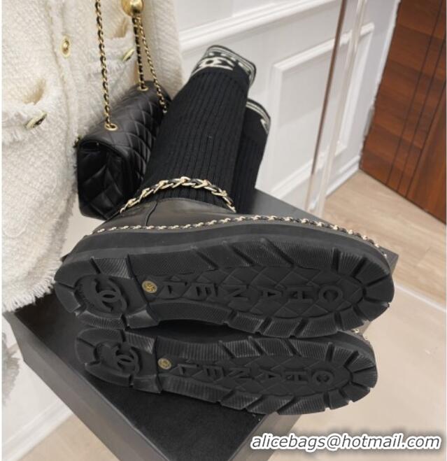 Duplicate Chanel Knit and Leather High Boots with Chain Black 101245