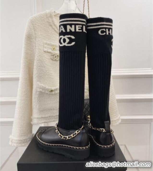 Duplicate Chanel Knit and Leather High Boots with Chain Black 101245