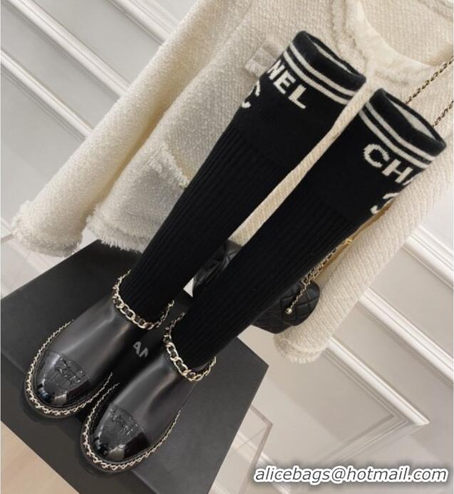 Duplicate Chanel Knit and Leather High Boots with Chain Black 101245