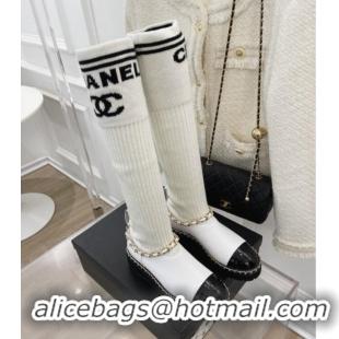 Low Price Chanel Knit and Leather High Boots with Chain White 101246