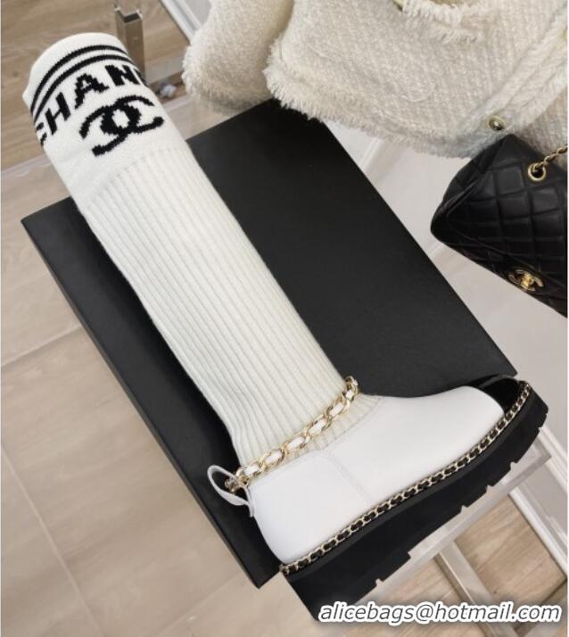 Low Price Chanel Knit and Leather High Boots with Chain White 101246