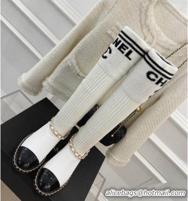 Low Price Chanel Knit and Leather High Boots with Chain White 101246