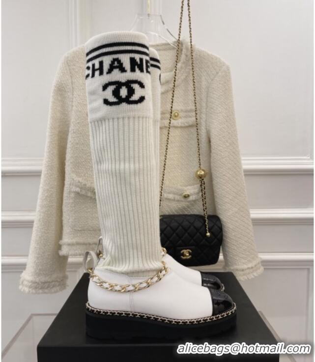 Low Price Chanel Knit and Leather High Boots with Chain White 101246