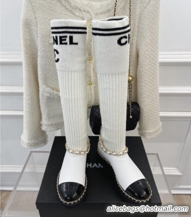 Low Price Chanel Knit and Leather High Boots with Chain White 101246