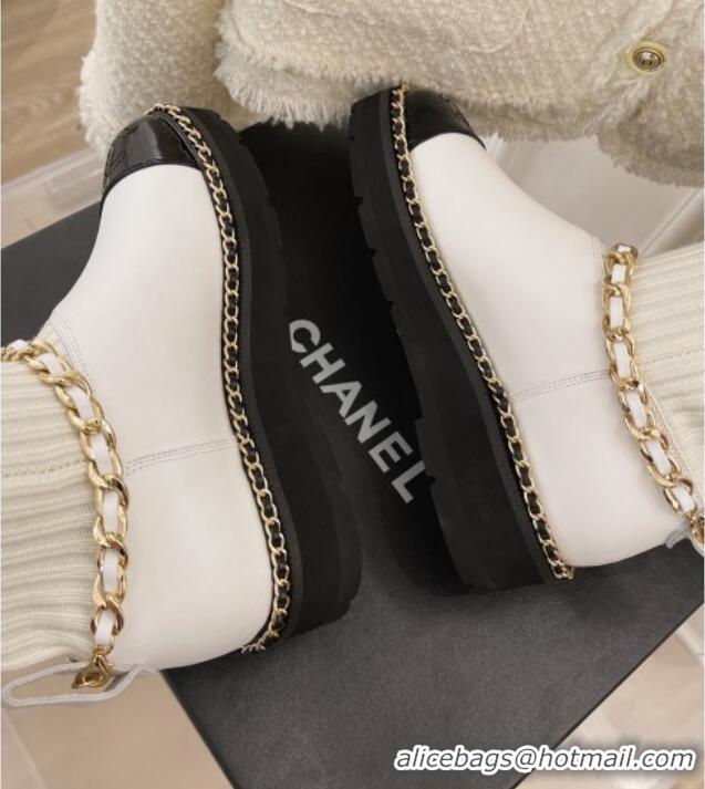 Low Price Chanel Knit and Leather High Boots with Chain White 101246