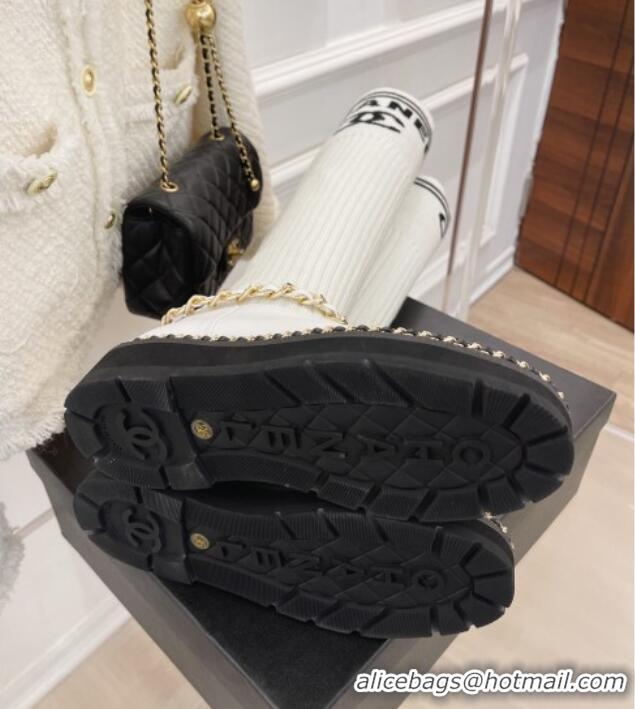 Low Price Chanel Knit and Leather High Boots with Chain White 101246