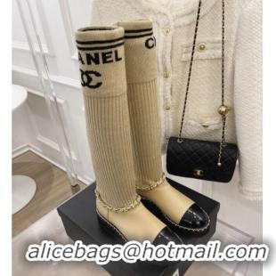 Hot Style Chanel Knit and Leather High Boots with Chain Beige 101247