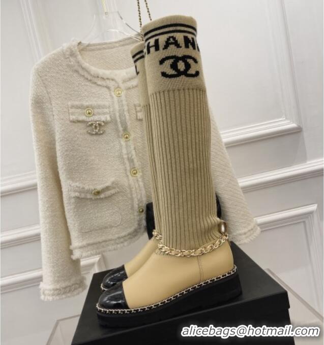 Hot Style Chanel Knit and Leather High Boots with Chain Beige 101247