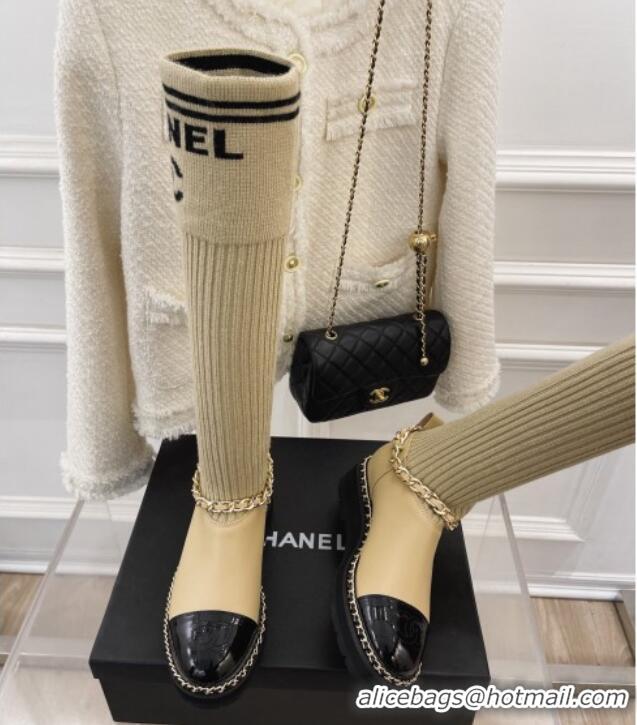 Hot Style Chanel Knit and Leather High Boots with Chain Beige 101247