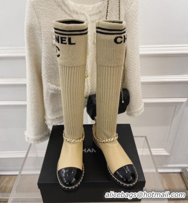 Hot Style Chanel Knit and Leather High Boots with Chain Beige 101247