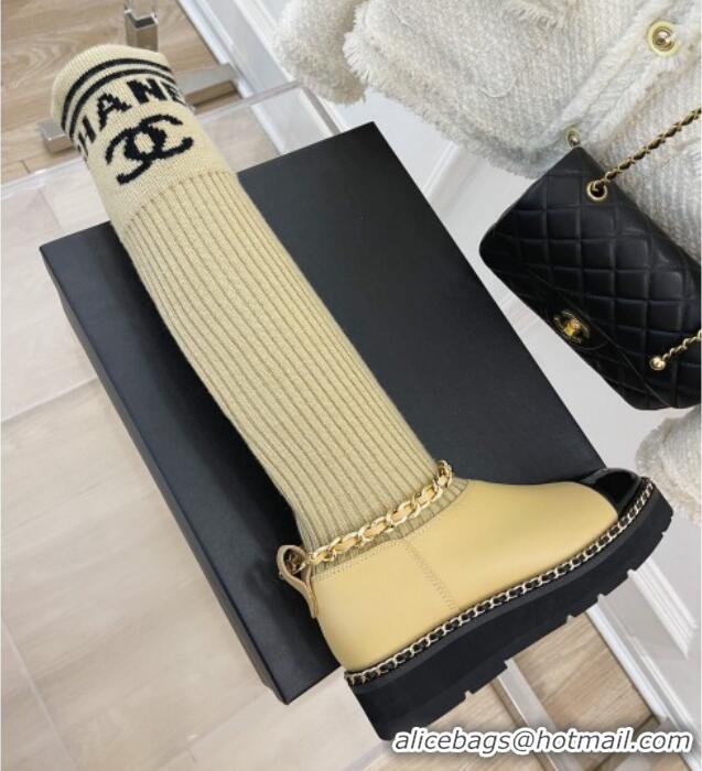 Hot Style Chanel Knit and Leather High Boots with Chain Beige 101247